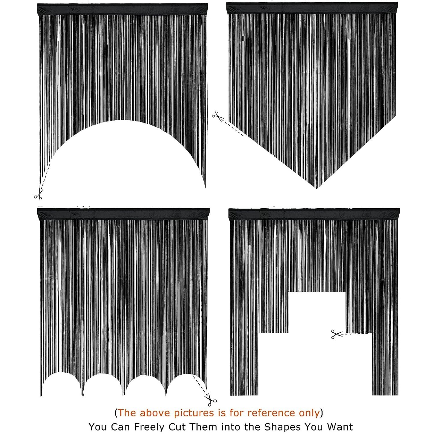 A black string curtain door hanging in an open doorway